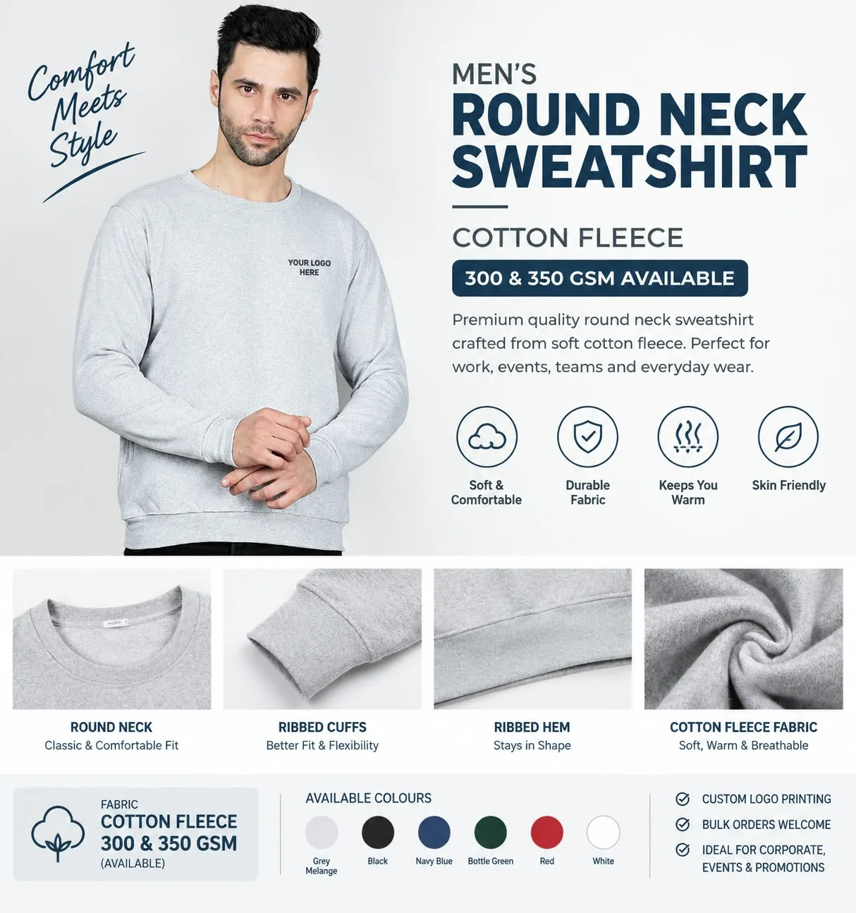 Mens Round Neck Sweatshirt — Grey, customisable with your logo
