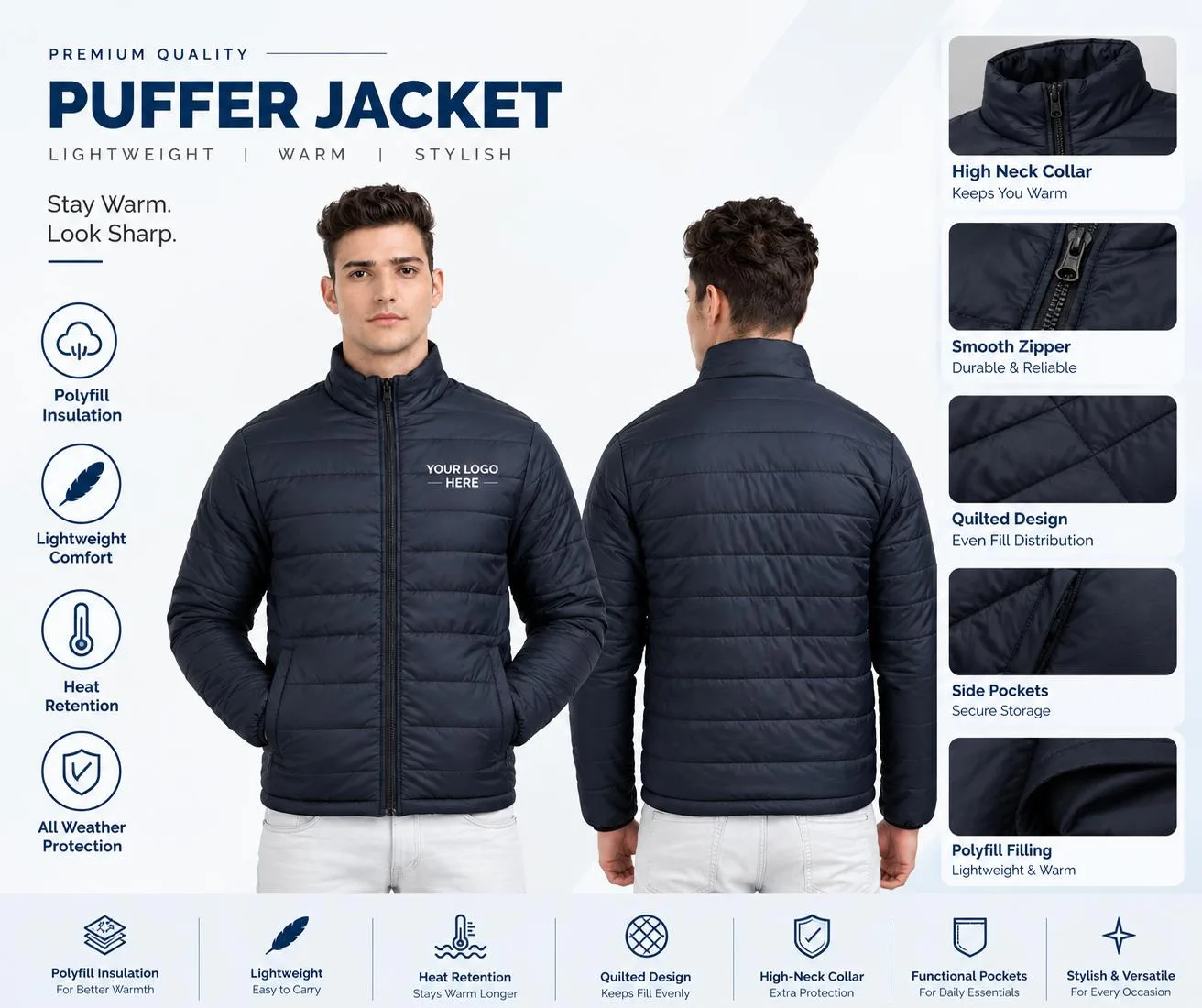 PUFFER JACKET NAVY BLUE — NAVY BLUE, ready for custom logo printing