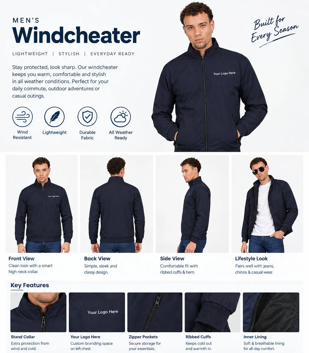 WINDCHEATER JACKET — NAVY BLUE, customisable with your logo